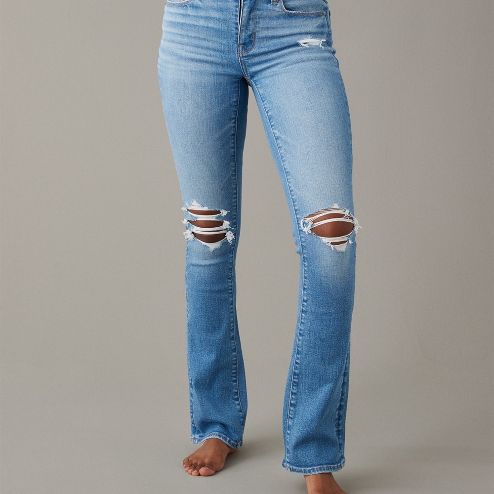 Light Blue Distressed Straight Leg Jeans